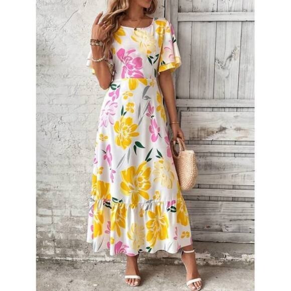 Dresses & Skirts - New Women's French Floral Printed Ruffled Short Sleeve Round Neck Dress Max